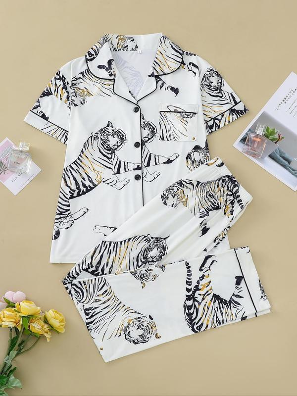 2 Counts @Shopwithjulie Collection Women's Animal Print Elastic Waist Pajama Set, Casual Short Sleeve Top & Straight Leg Trousers Pj Two Piece Set Women, Summer Wear 2024, Back To School Easter Sleepwear Summer Clothes, Plz Purchase A Size Up