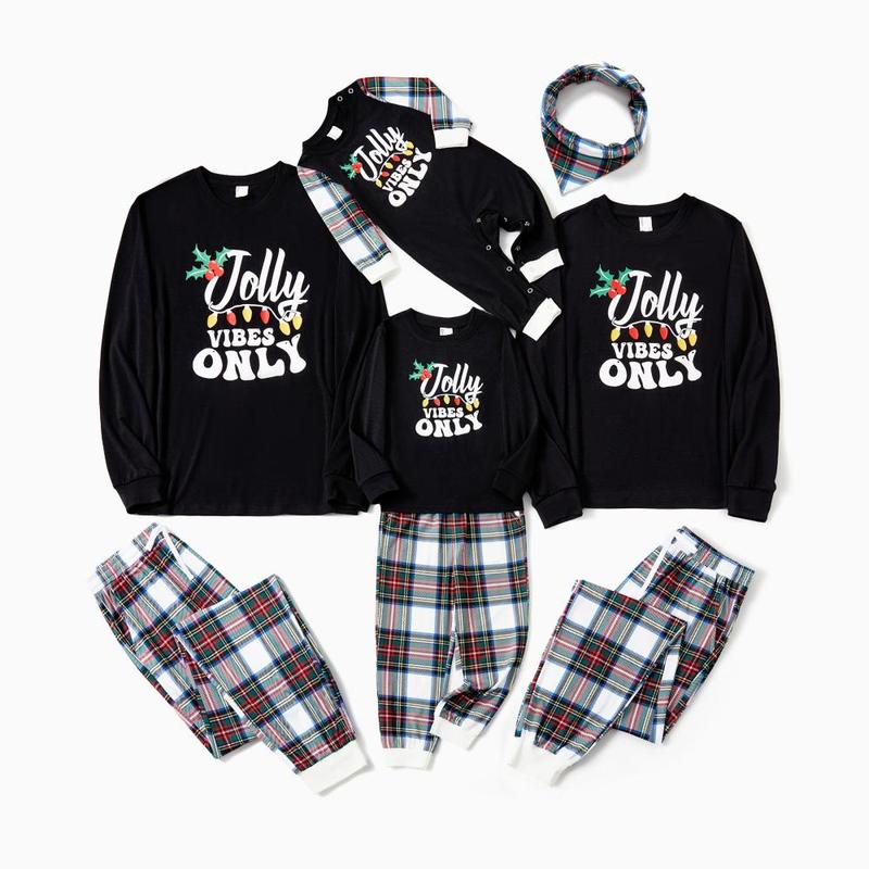 PatPat Christmas Pajamas Family Matching Xmas Light Jolly Vibes Long Sleeves Top Plaid Pants Pajamas Sets