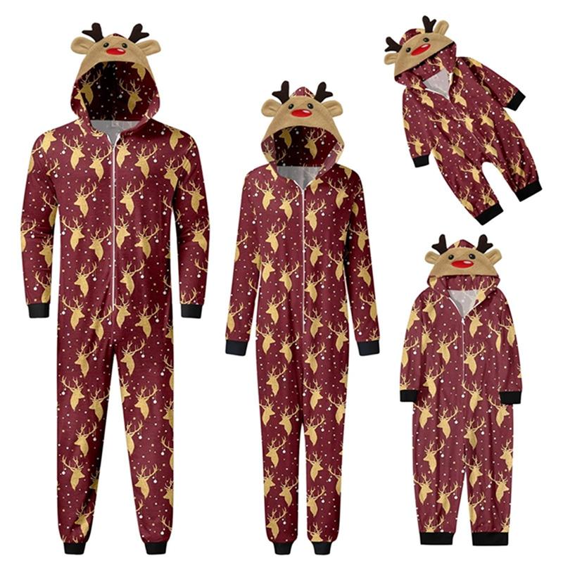 Matching Christmas Pajamas For Family Long Sleeve Elk Antler Hooded Romper Zip Up Jumpsuits