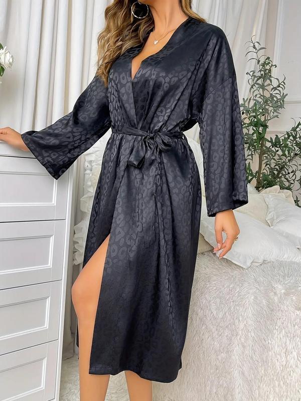 Women's Leopard Print V Neck Belted Wrap Lounge Robe, Fashion Casual Drop Shoulder Long Sleeve Pajama Robe for Daily Home Wear, Ladies Spring & Fall Sleepwear