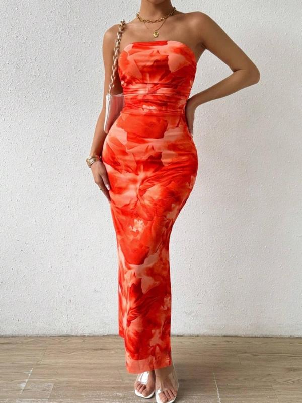 Women's All Over Print Ruched Backless Split Thigh Bodycon Tube Dress,  Women's Clothing, Sundress Maxi Dress, Elegant Sleeveless Long Dress for Summer, Dress in Club, Dresses for Women, Ladies Clothes for Beach Holiday