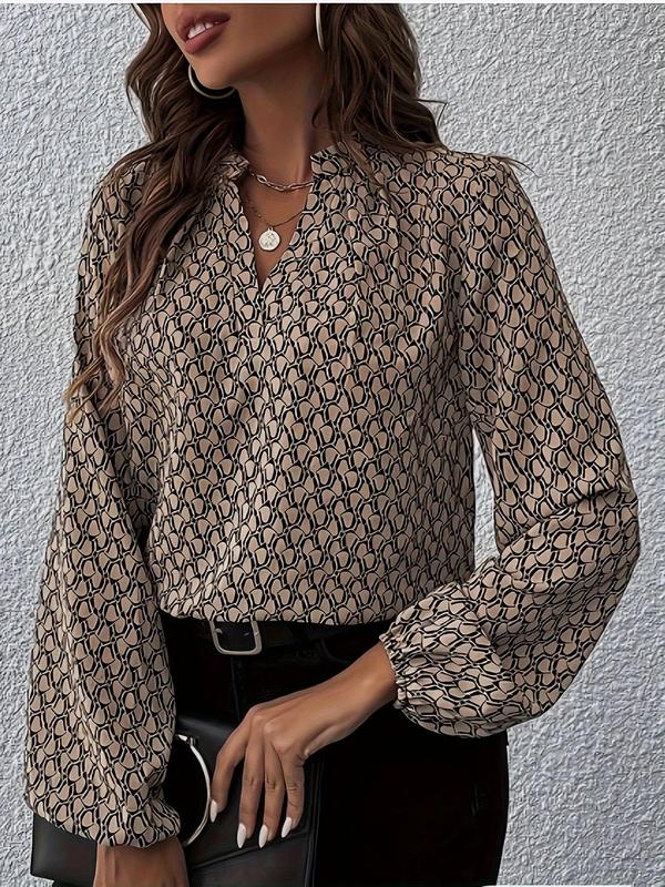 Women's All Over Print Bishop Sleeve Notched Blouse, Fall Outfits, Airport Outfits 2024, Comfort Womenswear, Elegant Long Sleeve Top for Daily Wear, Ladies Clothes for All Seasons