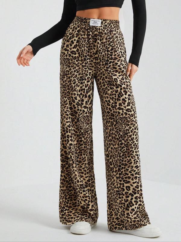 Women's Leopard-Print Wide Leg Pants, Casual Comfy Trousers for Daily Wear, Ladies Bottoms for Fall & Winter