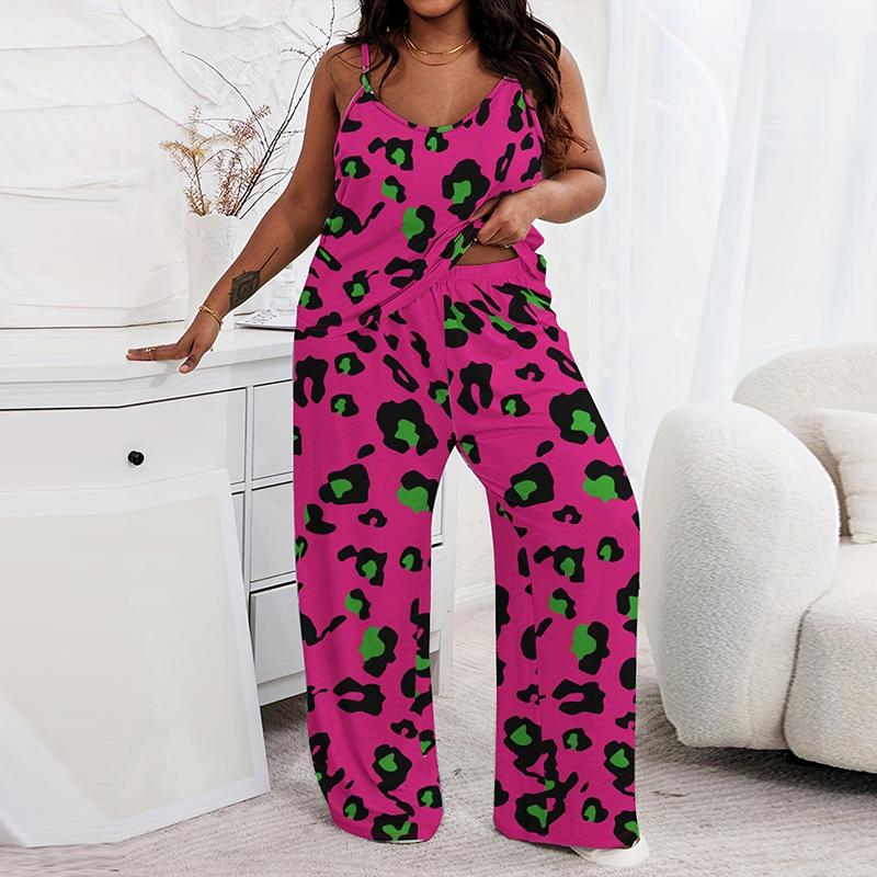 ChicMe Plus Size Pink Leopard Print Spaghetti Strap Pajamas Set