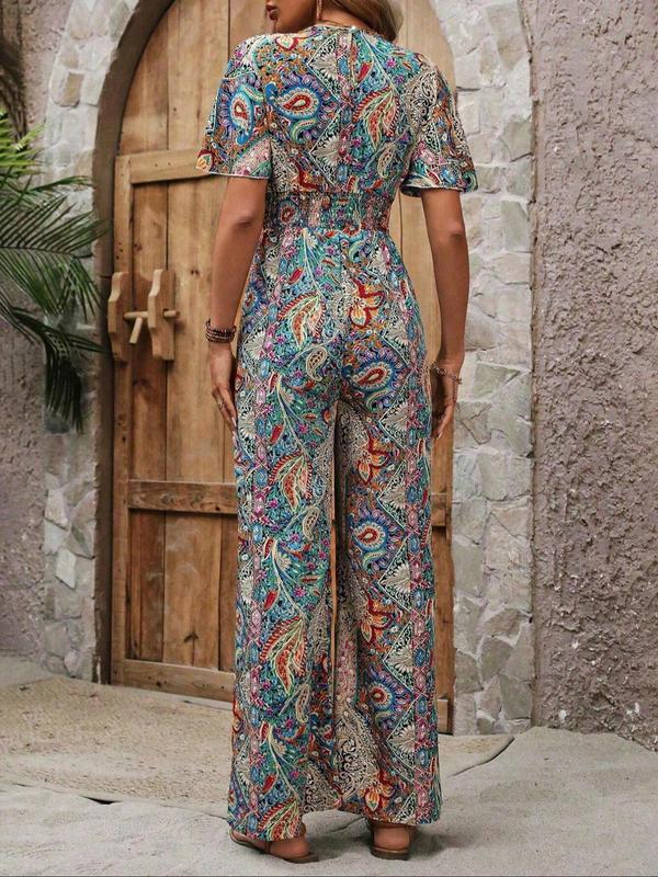 Women's Paisley Print Shirred Wrap Jumpsuit, Boho Butterfly Sleeve V Neck Jumpsuit for Summer, Women's Clothes for Beach Holiday Vacation