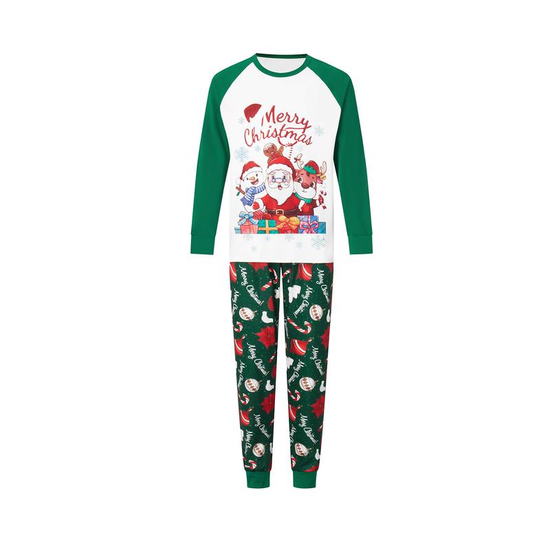 Green Matching Christmas Pajamas For Family Long Sleeve Santa Snowman Reindeer Print Tops + Pants Set Winter Sleepwear