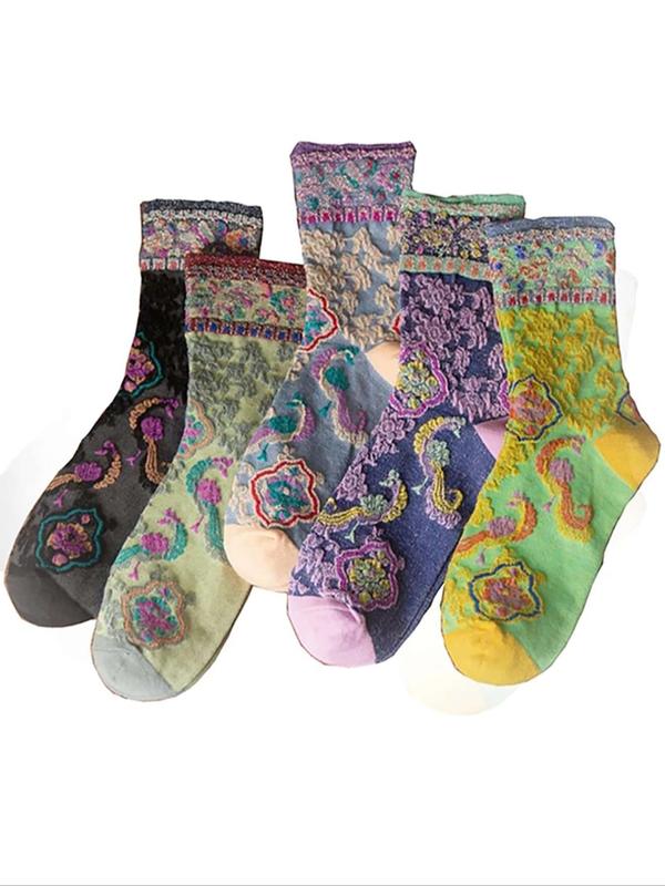 Women's Multicolored Floral Jacquard Crew Socks, Casual Comfort Cozy Mid-tube Socks for Daily Outdoor Wear, Women's Socks for Fall & Winter, Socks for Women