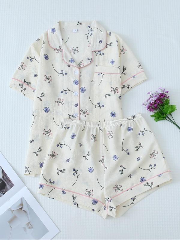 Women's All Over Strawberry Print Contrast Binding Button Front Shirt & Elastic Waist Shorts Cute Nightwear Loungewear Set, Casual Soft Comfortable Pocket Lapel Collar Top & Shorts PJ Set, Ladies Summer Sleepwear, Summer Wear 2024