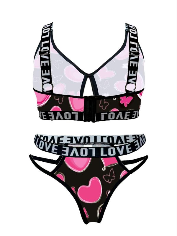  Two-Piece Set Heart Print Letter Tape Cut Out Bra & O-ring Detail Panty, Casual Adjustable Strap Wireless Bra & Panty Set, Women's Lingerie Set for All Seasons