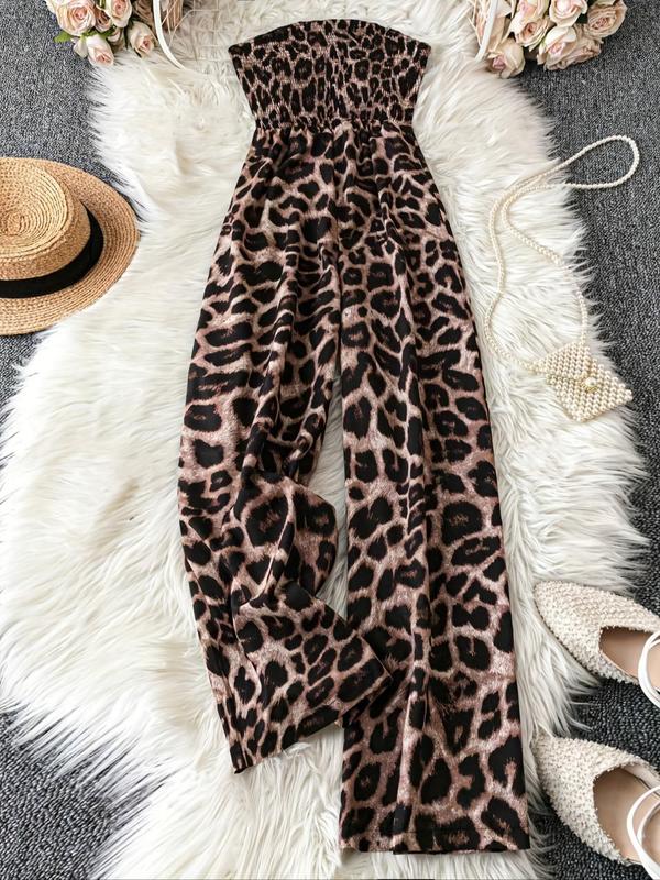 Women's Leopard Print Shirred Wide Leg Jumpsuit, Casual Sleeveless Tube Jumpsuit for Vacation Holiday, Ladies Clothes for All Seasons