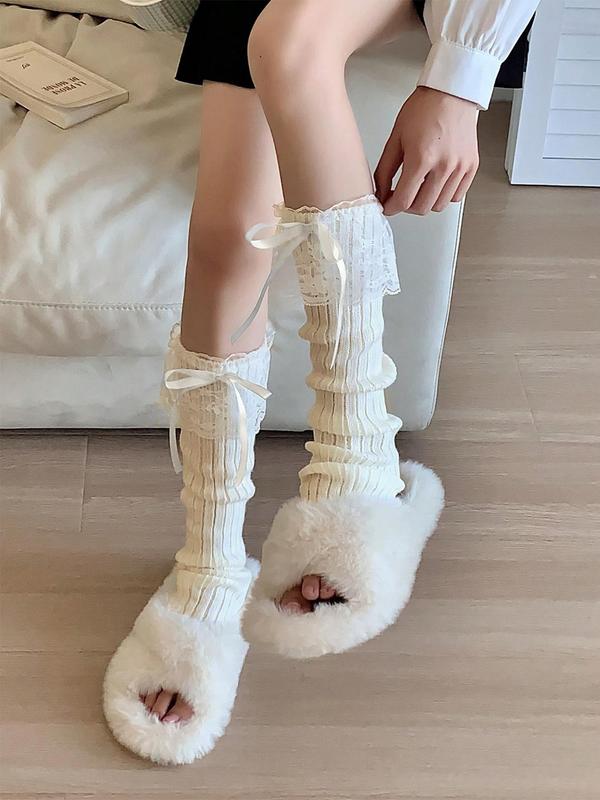 Women's Cute Bow Decor Contrast Lace Ruffle Leg Warmers, Korean Outfits, 1 Pair Fashion Romantic Leg Warmers for Daily Wear, Women's Socks for All Seasons, Korean Streetwear