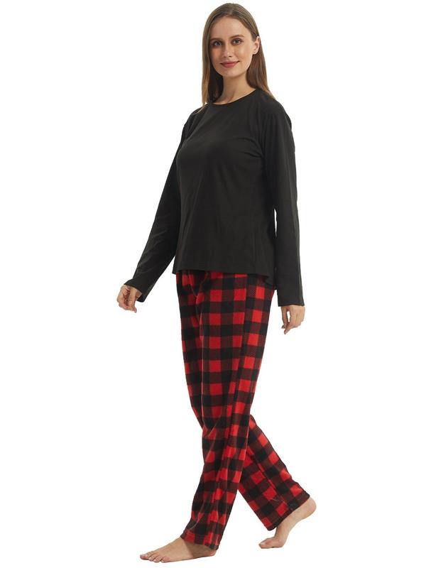 Christmas Couple's Solid Round Neck Sleep Top & Plaid Print Pocket Drawstring Sleep Pants, Casual Comfy Long Sleeve Top &  Elastic Waist Trousers for Daily Wear, Soft Comfy Sleepwear for Spring & Fall