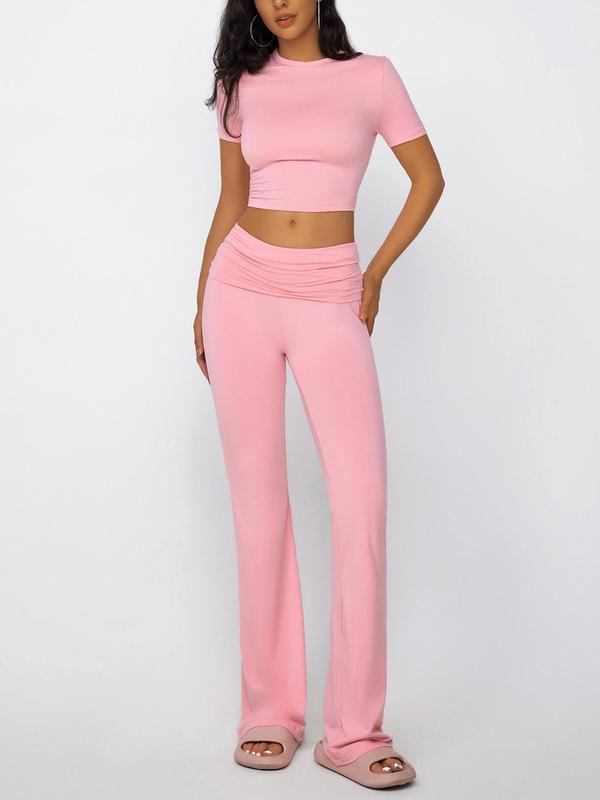 Women's Solid Loungewear Set, Casual Short Sleeve Crop Top & Flare Leg Pants Set, Comfy Pyjama Set for Women, Fall Clothes, PJ Sets for Women, Summer Wear 2024, Back To School Wear, Women's Homewear, Downtown Girl Clothes Girl In Pink Pjs