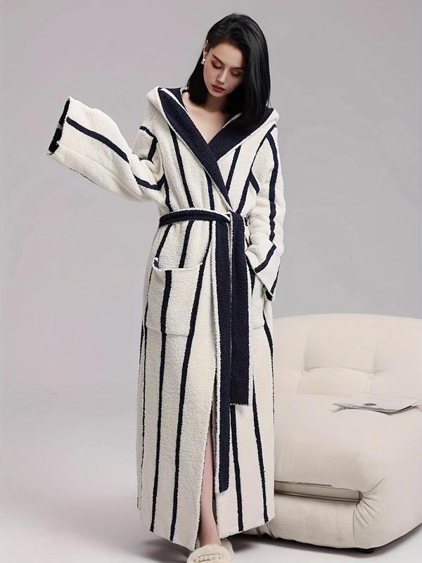 Couple  Striped Print Belted Lounge Robe, Casual Long Sleeve Drop Shoulder Pocket Design Bathrobe, Couple Sleepwear for Fall & Winter