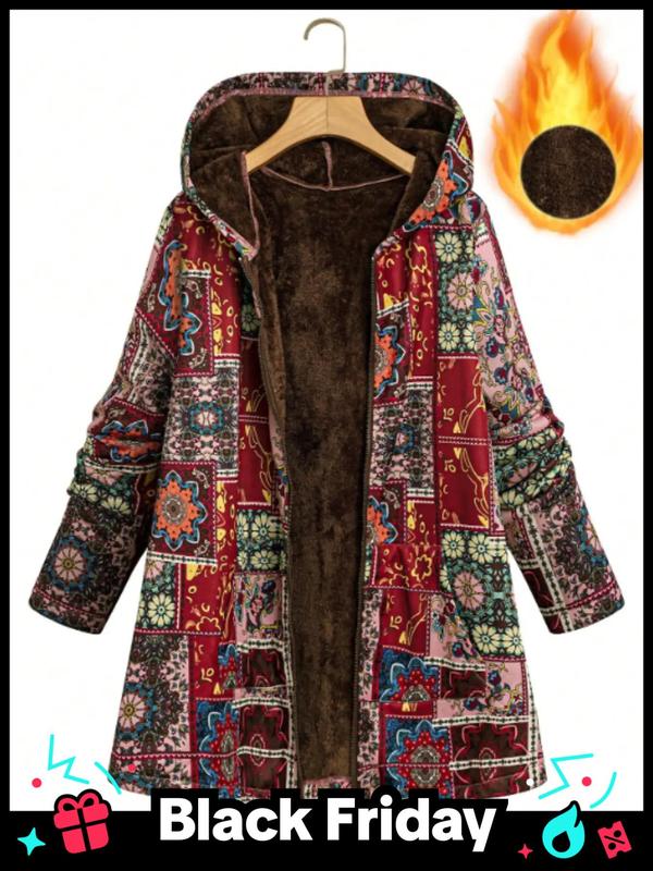  Women's All Over Ethnic Pattern Print Pocket Zip Up Long Sleeve Hooded Coat, Casual Thermal Lined Outerwear for Fall & Winter, Women's Clothes for Daily Wear