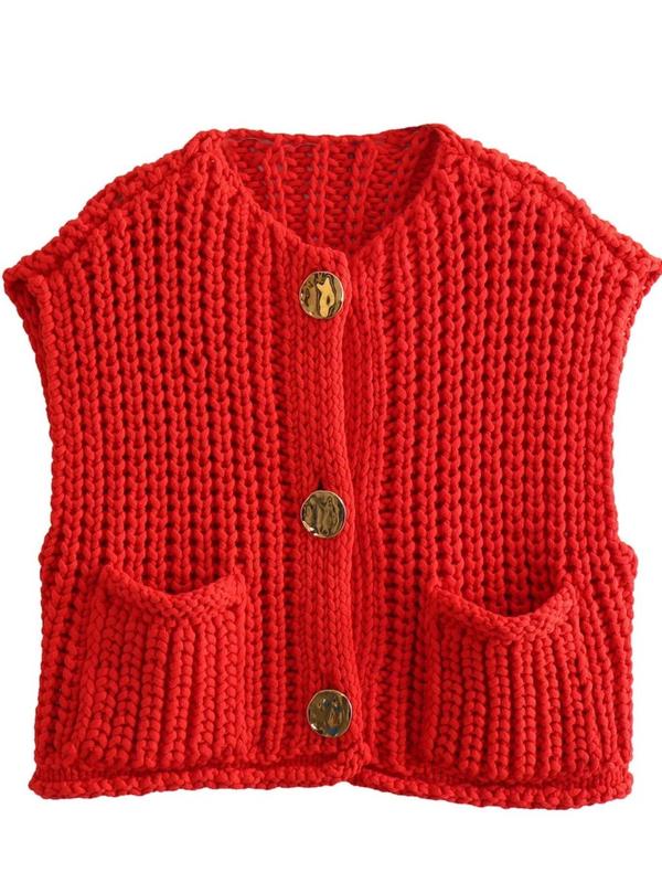 Women's Plain Button Front Pocket Crop Sweater Vest Cardigans, Casual Sleeveless   Knitwear for Fall & Winter, Fashion Ladies' Knit Clothing for Daily Wear