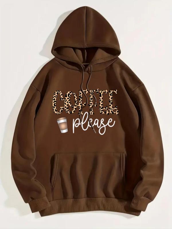 Women's Coffee Letter Print Drawstring Hoodie, Casual Long Sleeve Hooded Sweatshirt for Fall & Winter, Women's Clothes for Daily Wear