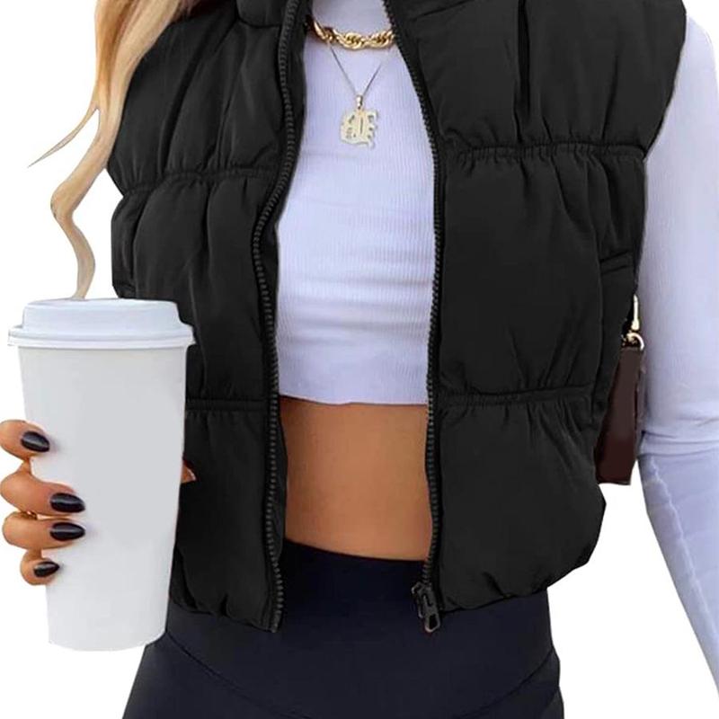 Women's Solid Color Cropped Puffer Vest with Zipper and Standup Collar warm  vest Zip Up Sleeveless Puffer Vest Women's Lightweight zipper vest