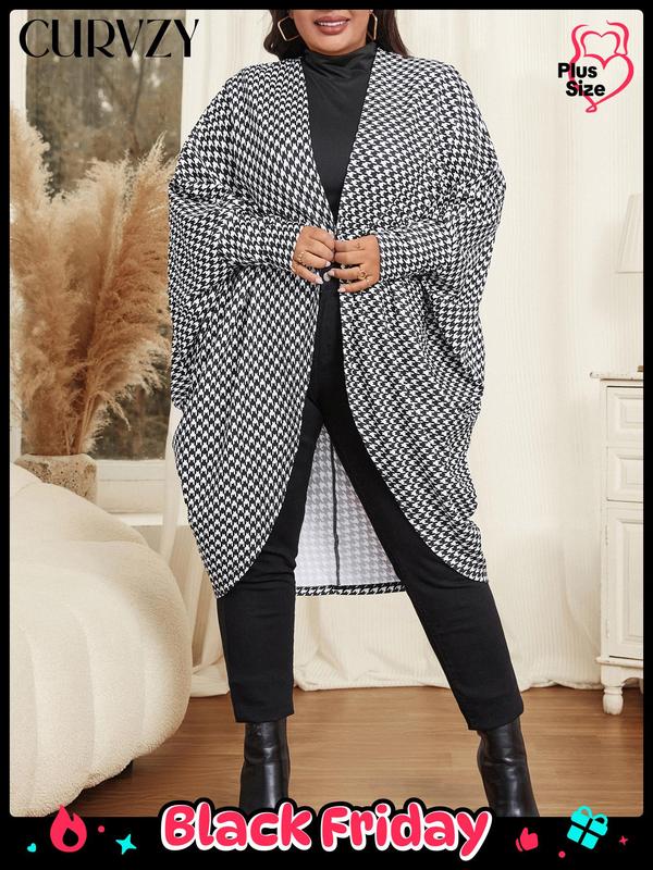 Black Friday Deals CURVZY Plus Size Houndstooth Print Batwing Sleeve Open Front Jacket, Casual Long Sleeve Outerwear for Daily Wear, Christmas 2024 Trend,Thanksgiving Clothing,Fall Clothing,Winter Clothing