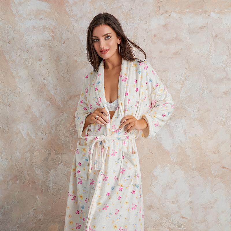 Women Dressing Gown Flannel Robe, Floral Print Shawl Collar Bathrobe for Hotel Spa Party,  Kimono Robe with Belt, Holiday Dressing, Ladies Clothes for Daily Wear Cotton Long Sleeve Womenswear Check