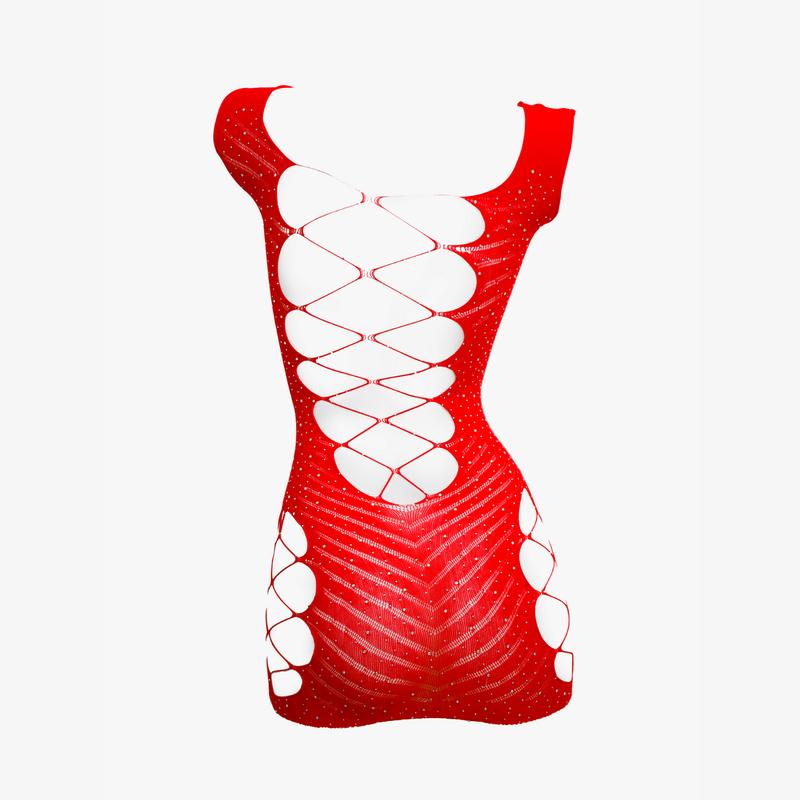 Free Tonight Women’s Red Rhinestone Bodystocking Dress, Elegant Womenswear One Size Fit Most Body Type, Party Sexy Chic Lingerie One Piece Gift