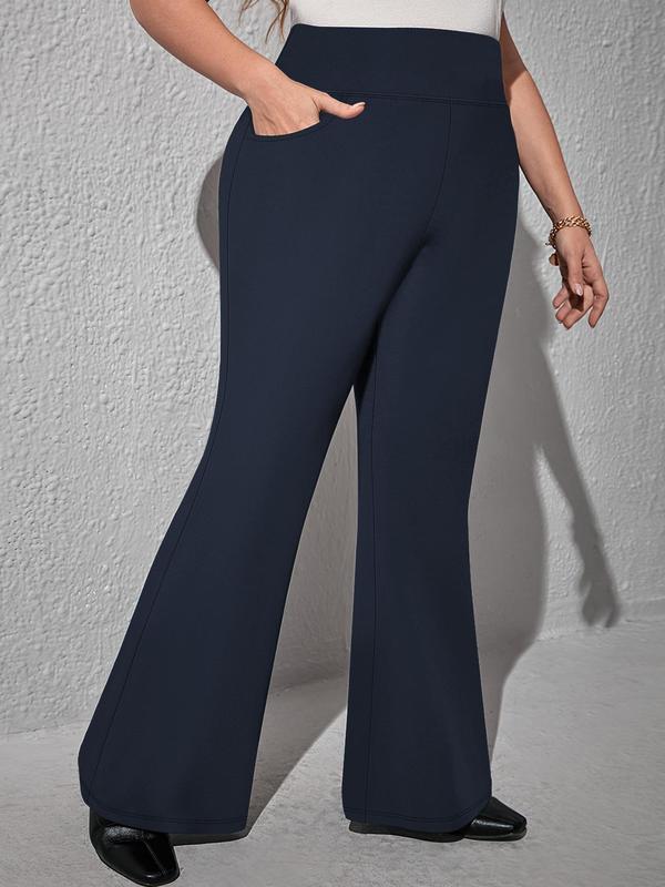  Solid High Waist Flare Leg Pants, Casual Comfy Pocket Trousers for Daily Wear, Women's Bottoms for All Seasons