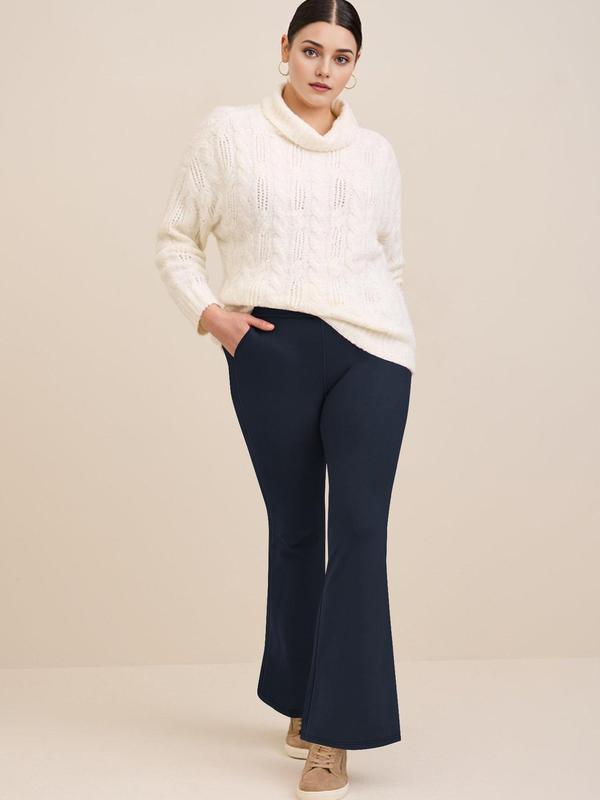  Solid High Waist Flare Leg Pants, Casual Comfy Pocket Trousers for Daily Wear, Women's Bottoms for All Seasons