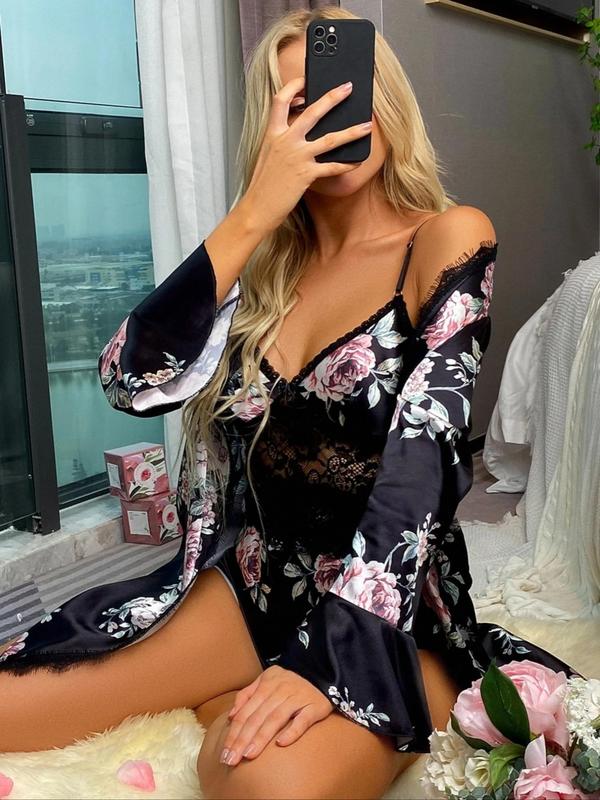 Women's Floral Print Contrast Lace Robe without Pyjamas Set, Chic Flounce Sleeve Belted Dressign Gown, Ladies Sleepwear For Spring & Fall