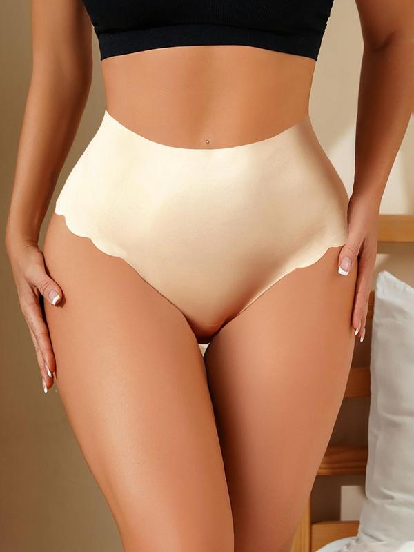 Women's Solid Color Scallop Trim High Waist Thong, Soft Comfy Breathable Panty for Daily Wear, Ladies Underwear for All Seasons