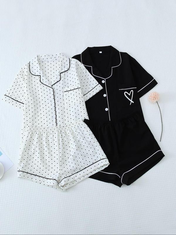 Women's All Over Print Shortsleeve Loungewear Co-ord Set, Comfort Contrast Binding Lapel Collar Pocket Top & Shorts PJ Set, Back-to-School Clothing, Summer Clothes Women, Womenswear, Sleepwear Homewear Clothing, Birthday Gifts