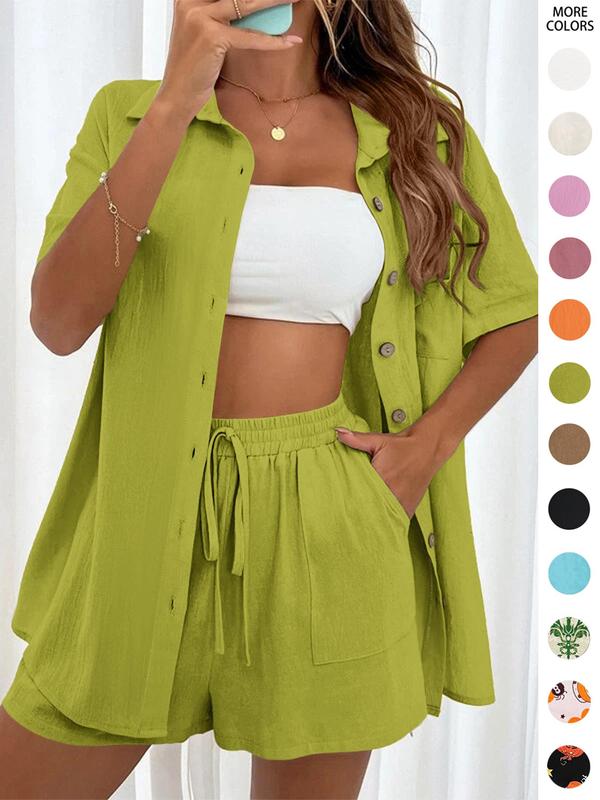 Women's Solid Button Front Shirt & Tie Front Shorts Two-piece Set, Summer Outfits 2024 Sets, Co Ords for Women, Casual Fashion Half Sleeve Drop Shoulder Top & High Waist Wide Leg Shorts Matching Sets for Back To School, Women's Clothes for Summer