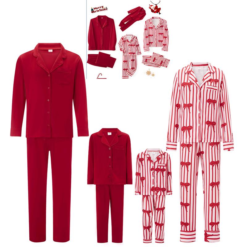 Matching Christmas Pajamas For Family Lapel Neck Button-up Long Sleeve Tops Long Pants 2-Piece Bow Solid Color Loungewear Outfit