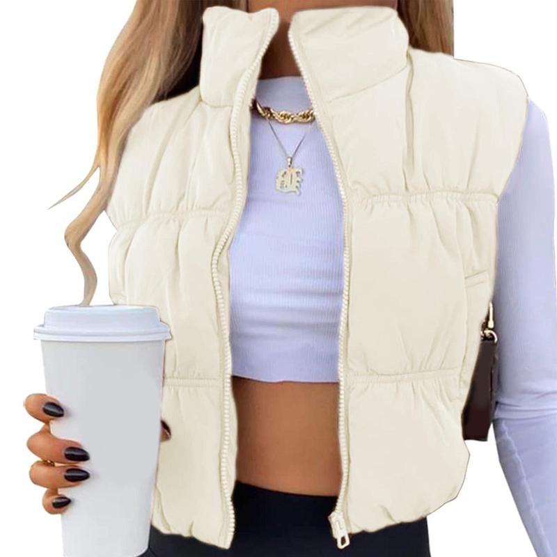 Women's Solid Color Cropped Puffer Vest with Zipper and Standup Collar warm  vest Zip Up Sleeveless Puffer Vest Women's Lightweight zipper vest