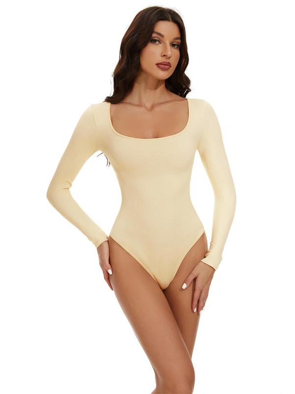 Women's Square Neck Long Sleeve Shapewear Bodysuit, Solid One-piece Tummy Control Shaper, Comfort Lady's Clothes for All Seasons