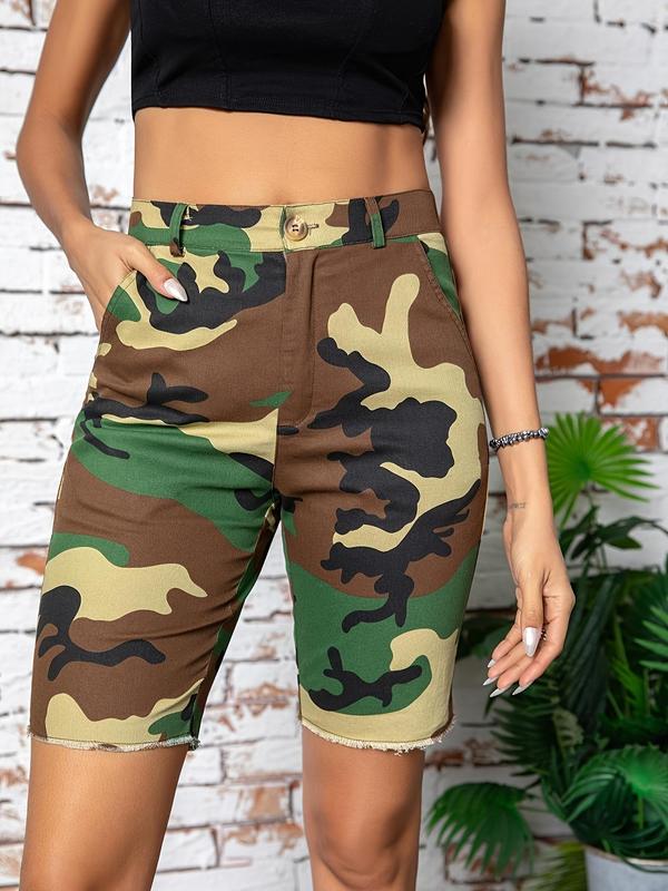 Women's Camo Print Button Pocket Raw Hem Shorts, Lady Casual Comfort Street Zipper Design Shorts for Summer, Ladies Bottoms for Daily Wear, Womenswear