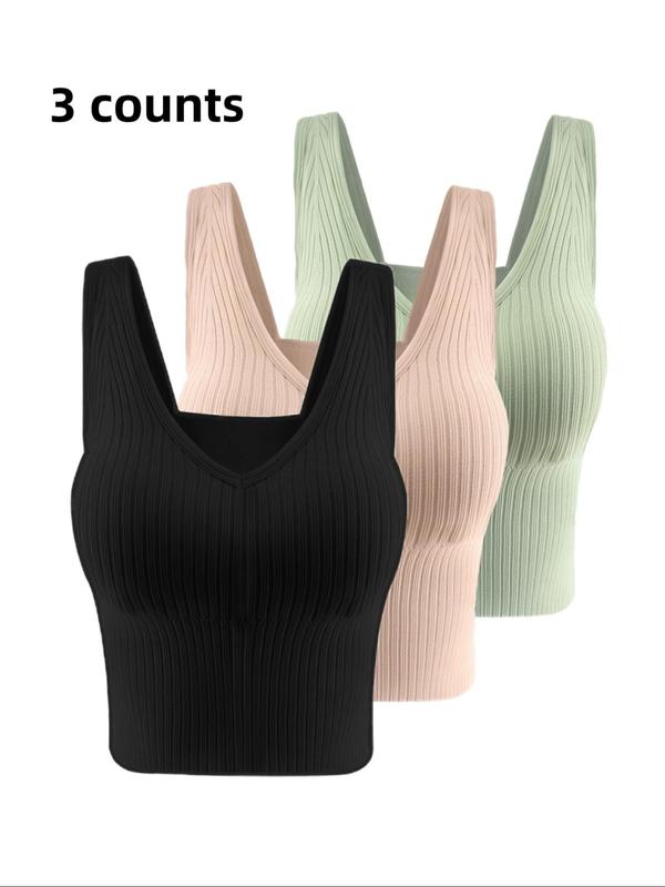 Women's Solid Ribbed V Neck Crop Tank Top with Removable Chest Pad Design, Crop Tops, Casual Breathable Comfortable Sleeveless Cropped Top for Daily Wear,  Cute Crop Tops,  Ladies Clothes for All Seasons