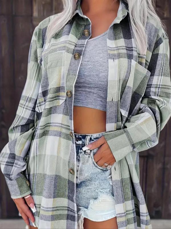  Plaid Print Button Front Shirt, Casual Long Sleeve Pocket Collared Top for Fall & Winter, Women's Clothes for Daily Wear