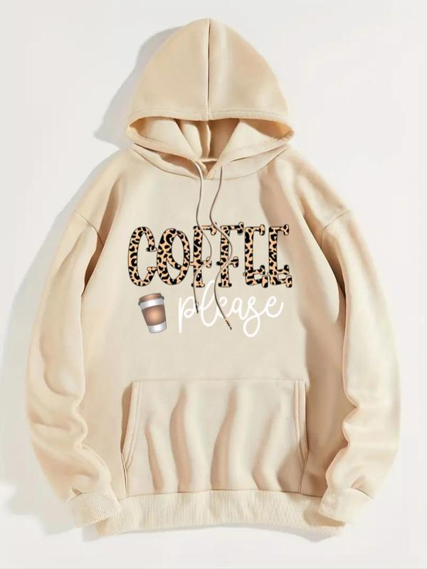 Women's Coffee Letter Print Drawstring Hoodie, Casual Long Sleeve Hooded Sweatshirt for Fall & Winter, Women's Clothes for Daily Wear