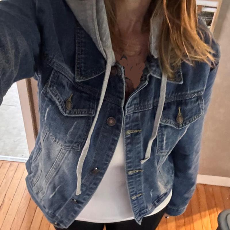 Women's Casual Detachable Hoodie Denim  Buttons Jacket Coats with Detachable Hood,regular Jackets Cotton Jean