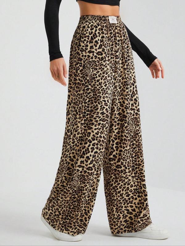 Women's Leopard-Print Wide Leg Pants, Casual Comfy Trousers for Daily Wear, Ladies Bottoms for Fall & Winter