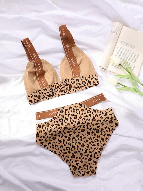 Women's Leopard Print Letter Tape Underwear Set, Push Up Bra & Cut Out High Waist Panty Set, Women's Lingerie Set for All Seasons