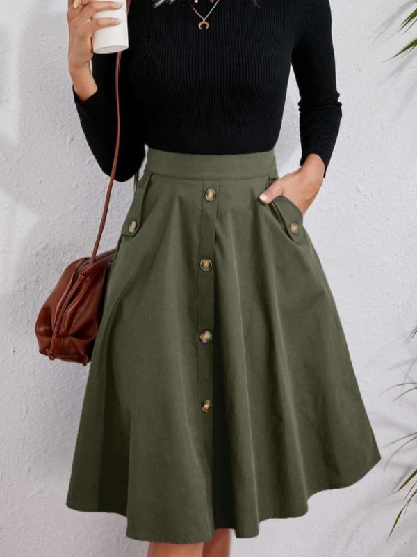 Women's Solid Fake Buttons Pocket A Line Skirt, Elegant High Waist Long Skirt for Work Office Business, Ladies Bottoms for All Seasons