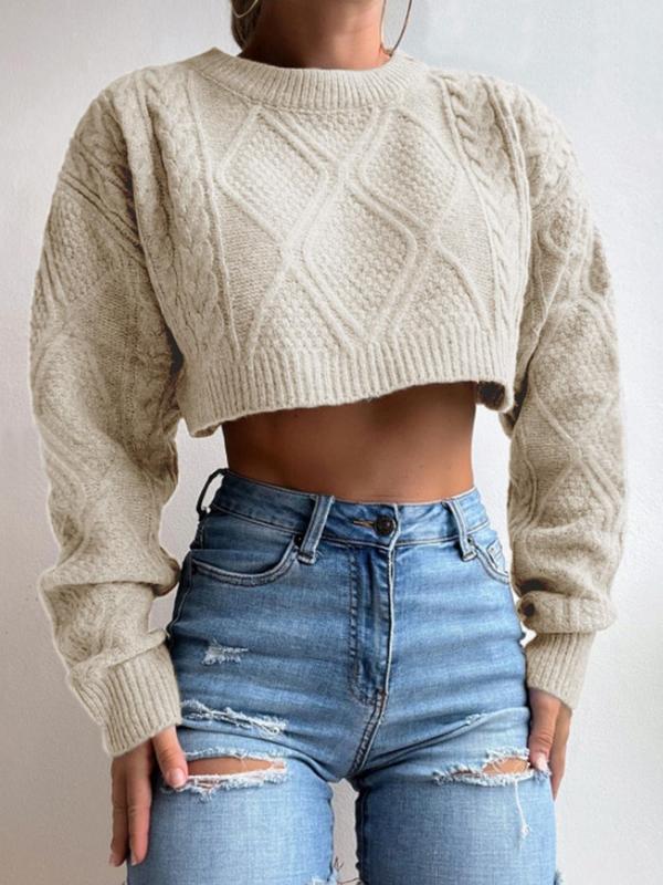 Women's Plain Textured Crop Sweater, Casual Long Sleeve Round Neck Jumper, Women's Spring & Fall Knit Clothing for Daily Wear Fall Sweater