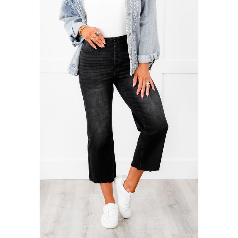 Judy Blue Black High Rise Distressed Raw Hem Cropped Wide Leg Jeans