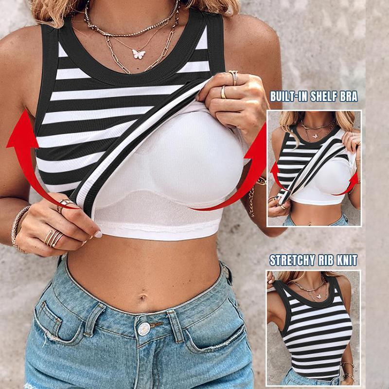 Chicme Round Neck Built-in Bra Ribbed Tank Top Casual Comfort