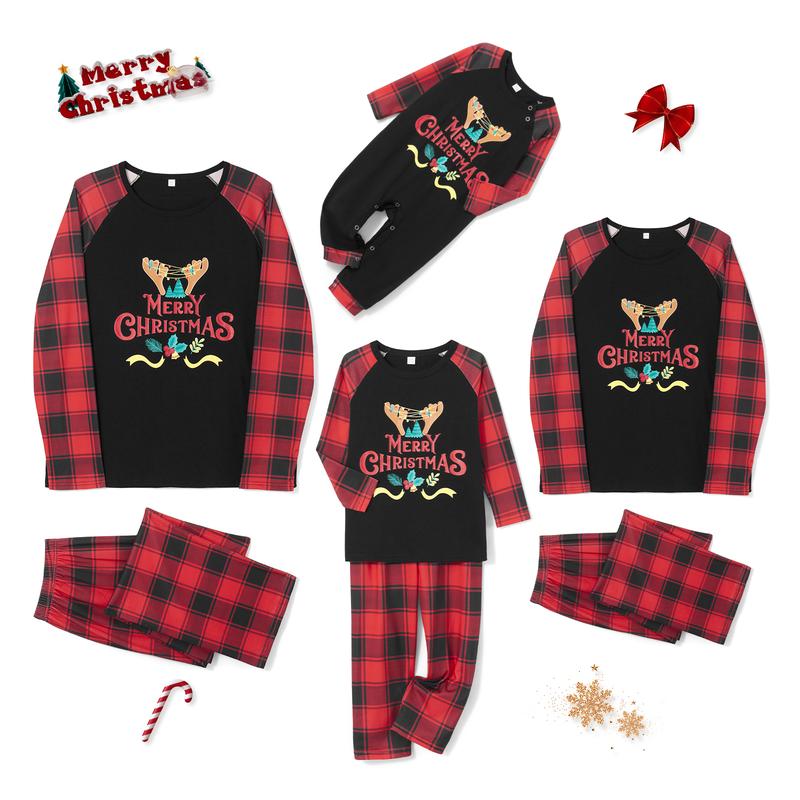 Christmas Family Pajamas Matching Set Letter Print Long Sleeve Tops and Plaid Pants Sleepwear Womenswear Check