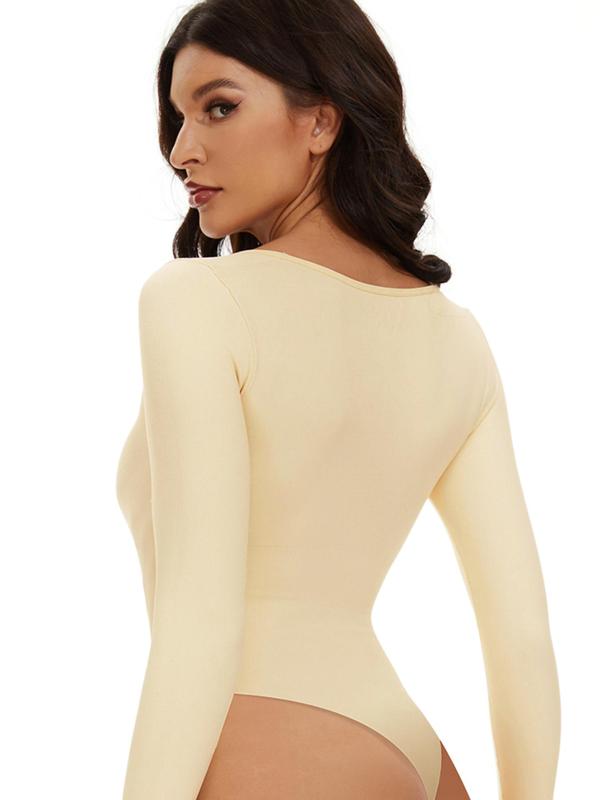 Women's Square Neck Long Sleeve Shapewear Bodysuit, Solid One-piece Tummy Control Shaper, Comfort Lady's Clothes for All Seasons