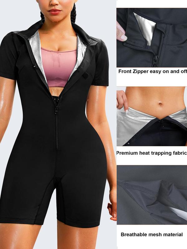 Women's Minimalist Zipper Mock Neck Shapewear Romper, Summer Wear 2024, Fall Casual One-piece Tummy Control Short Sleeve Shaper, Lady Comfort Sauna Shapewear Shorts Bodysuit, Tummy Shaper Bodysuit, Fall Wear, Fallfreshness