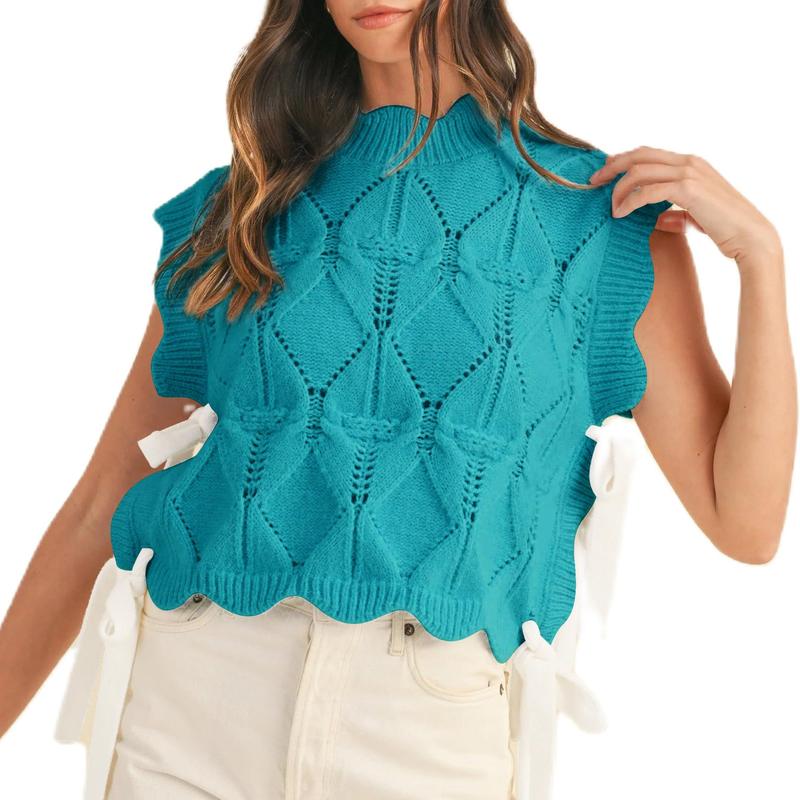 Women Y2K Ribbon Bow Sweater Vest Chunky Cap Sleeve Knit Vest with Bows Casual Lace Up Bandage Crochet Knit Tank Tops