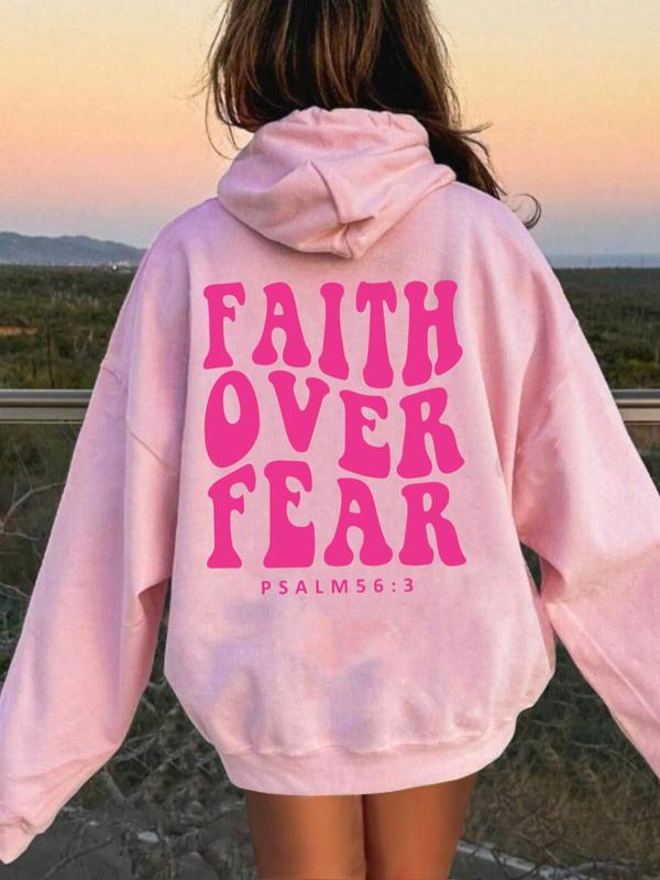 Women's Faith Over Fear Letter Print Drop Shoulder Thermal Lined Hoodie, Fashion Casual  Kangaroo Pocket Hooded Sweatshirt for Daily Holiday Outdoor Wear, Women Clothing for Fall & Winter